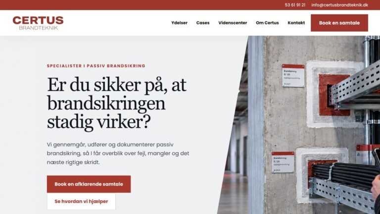Certus Brandtekniks nye forside med passiv brandsikring og en afklarende samtale