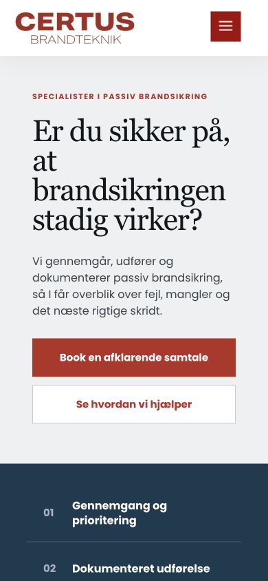 Certus Brandtekniks mobilforside med tydeligt tilbud og kontaktknap