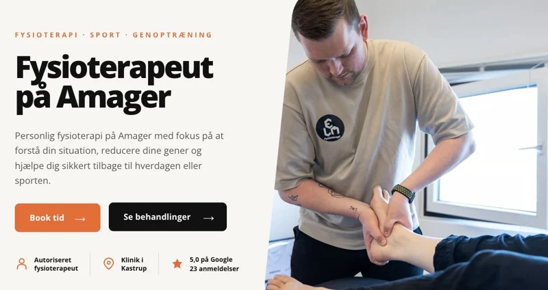 ELM Fysioterapis forside med Emil, en lokal ydelse og en tydelig bookingvej