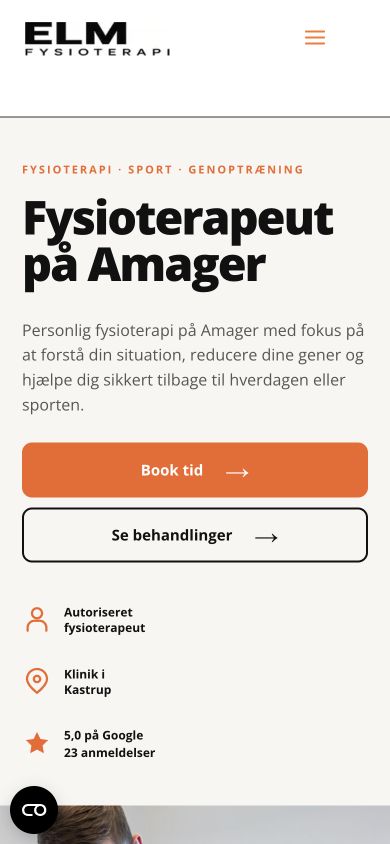 ELM Fysioterapis mobilforside med klinikkens ydelse, placering og tydelige bookingknapper