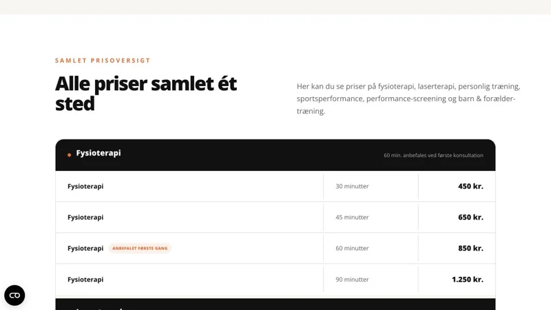 ELM Fysioterapis prisside med varighed, priser og anbefalet første konsultation